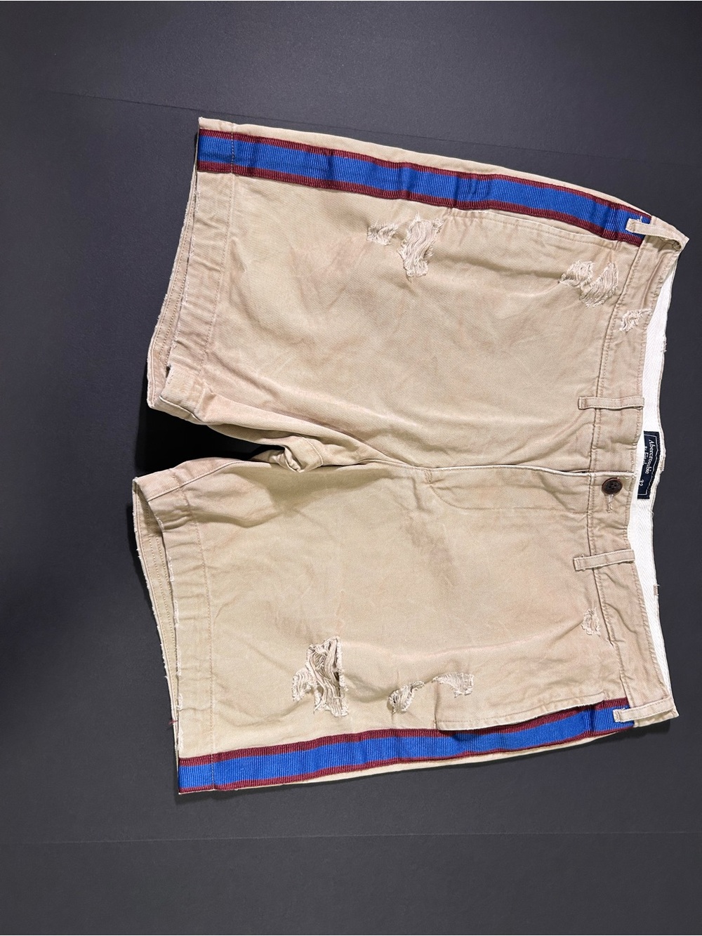 Abercrombie & Fitch Khaki Shorts with Blue and Red Side Stripes